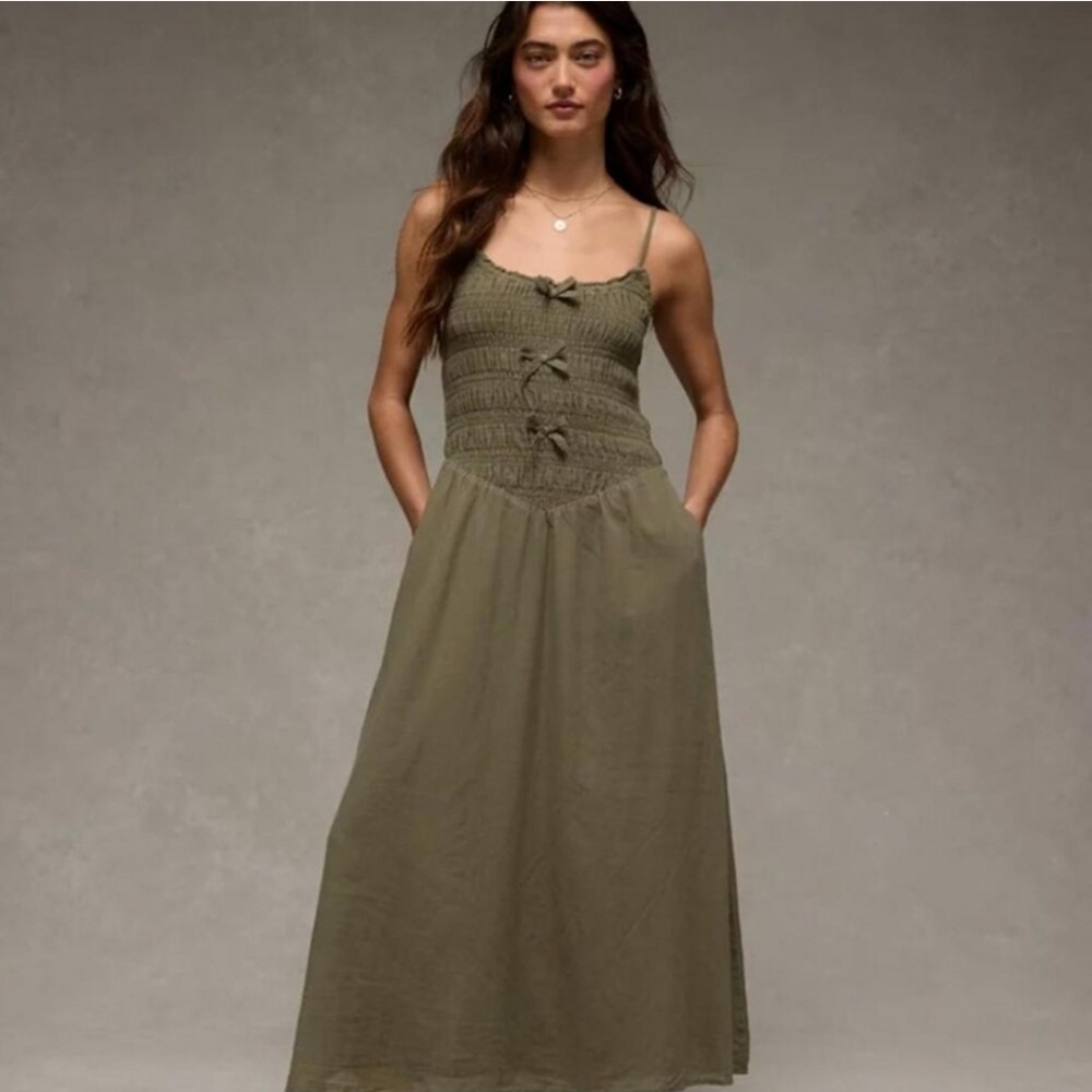 NWT American Eagle Bella Bow Dress Olive Green Size Medium